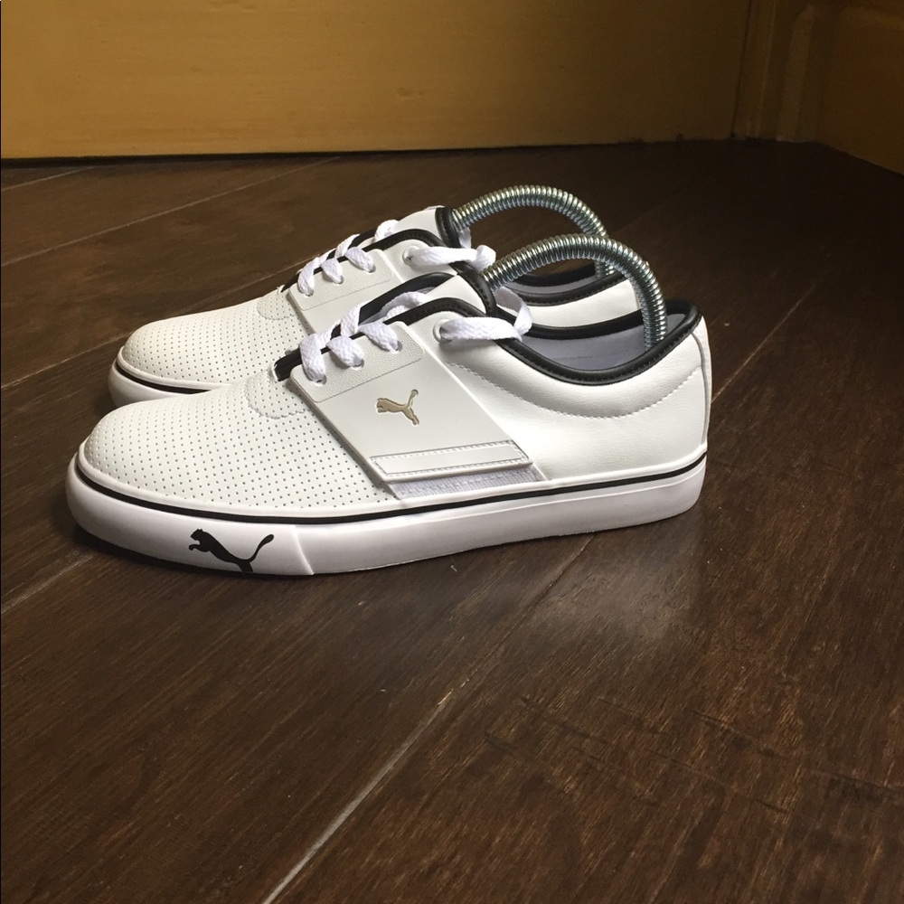 Puma White and Black Low-Top Sneakers with Gold Logo